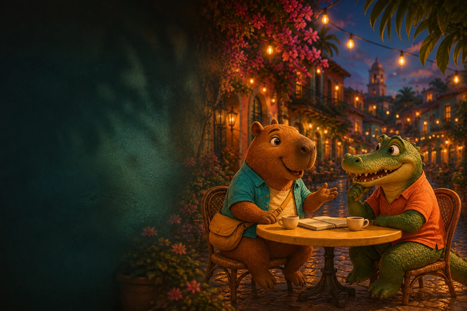 A capybara and a caiman chat in a Brazilian café under warm string lights at dusk