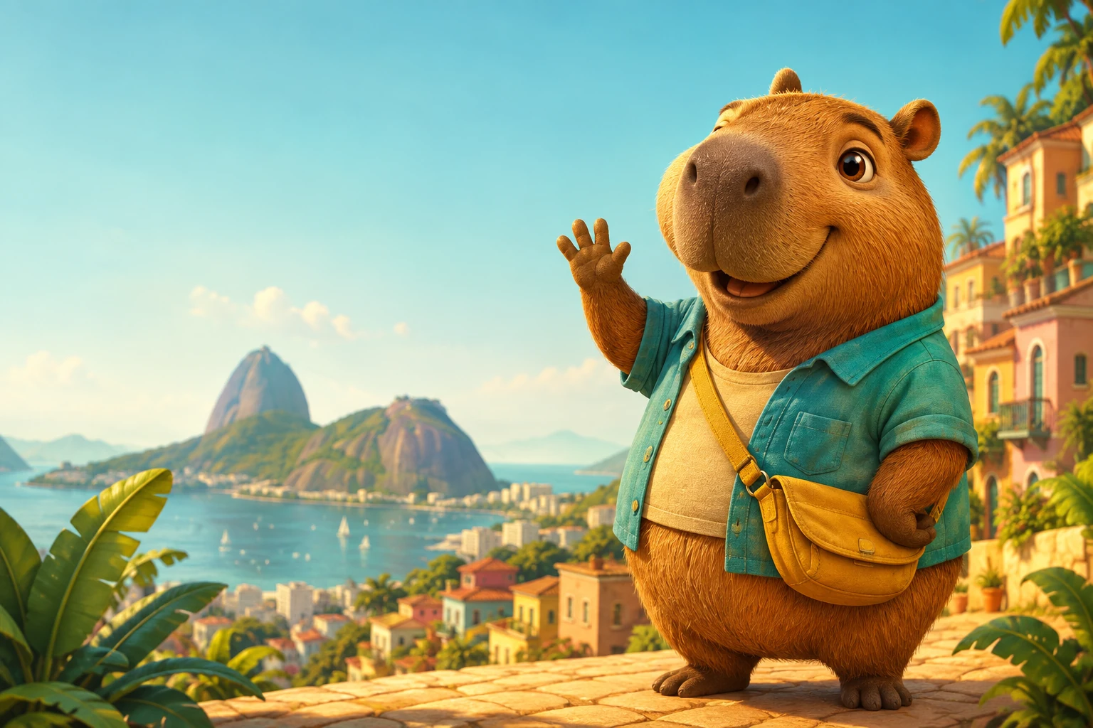 A friendly capybara in a teal shirt welcomes you to a sunny street in Rio